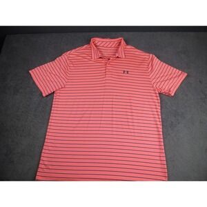 Under Armour Mens HeatGear Polo Shirt 2XL Coral Navy Blue Striped Golf Short Sle